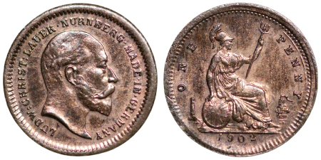Great Britain. Edward VII CU Model Penny by Lauer. 1902.