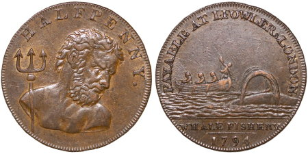 Great Britain, London. Middlesex CU Whale Fishery Halfpenny Token. 1794.