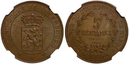 Luxembourg, Grand Duchy. Adolphus CU ESSAI 5 Centimes. 1889.
