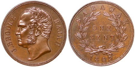 Sarawak, British Colonial. J. Brooke Rajah Proof CU One Cent. 1863.