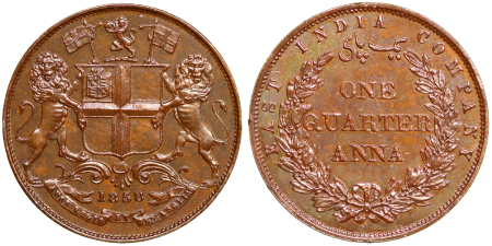 India, British Colonial. East India Company Æ Proof ¼ Anna. 1858.