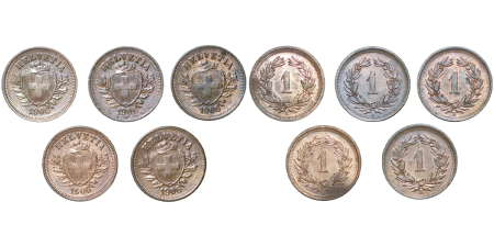 Switzerland. Helvetia CU 1 Rappen (x5). 1906B.