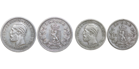 Norway, Oscar II AG 1 Krone & 15 Skilling lot. 1874-1877.