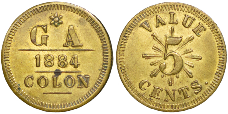 Panama (Colombia) Brass GA 5 Cents Token. 1884.