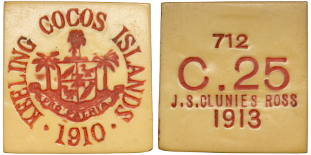 Keeling Cocos Islands, Plastic Ivory J.S.Clunies Ross 25 Cent Square token, No.712. 1913.