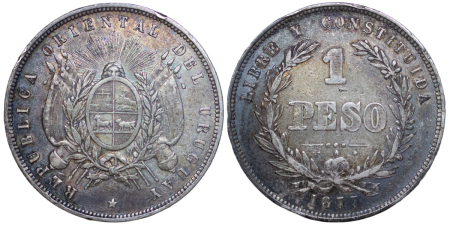 Uruguay, Republic. Paris mint AG One Peso. 1877A.