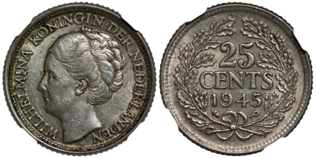 Netherlands. Wilhelmina AG 25 Cents. 1945P.