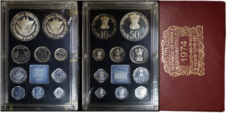 India. Republic Silver & base metal 10 coin Proof Year Set. 1974.