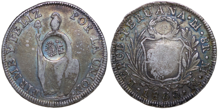 Philippine. Countermarked on coinage of Peru, Ag 8 Reales "F.7.o" C/M. 1832-1834.