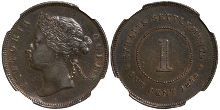 Straits Settlements. Victoria CU One Cent. 1875W.