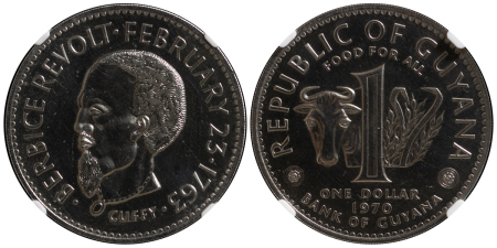 Republic of Guyana. Cuffy CuNi Berbice Revolt commemorative Proof Dollar F.A.O. 1970.