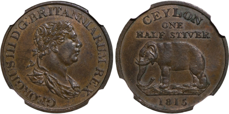 Ceylon, British Colonial. George III CU ½ Stiver, Elephant left. 1815.