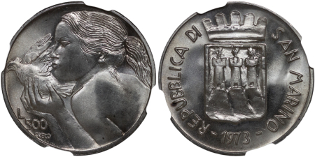 San Marino, Italian Principality. Child with Dove Ag 500 Lire. 1973.